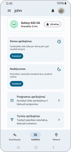Family Link interface with daily limit, downtime, app limit and content restrictions.