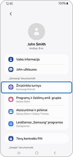 Tėvų kontrolės meniu su pažymėtu Interneto turiniu.
