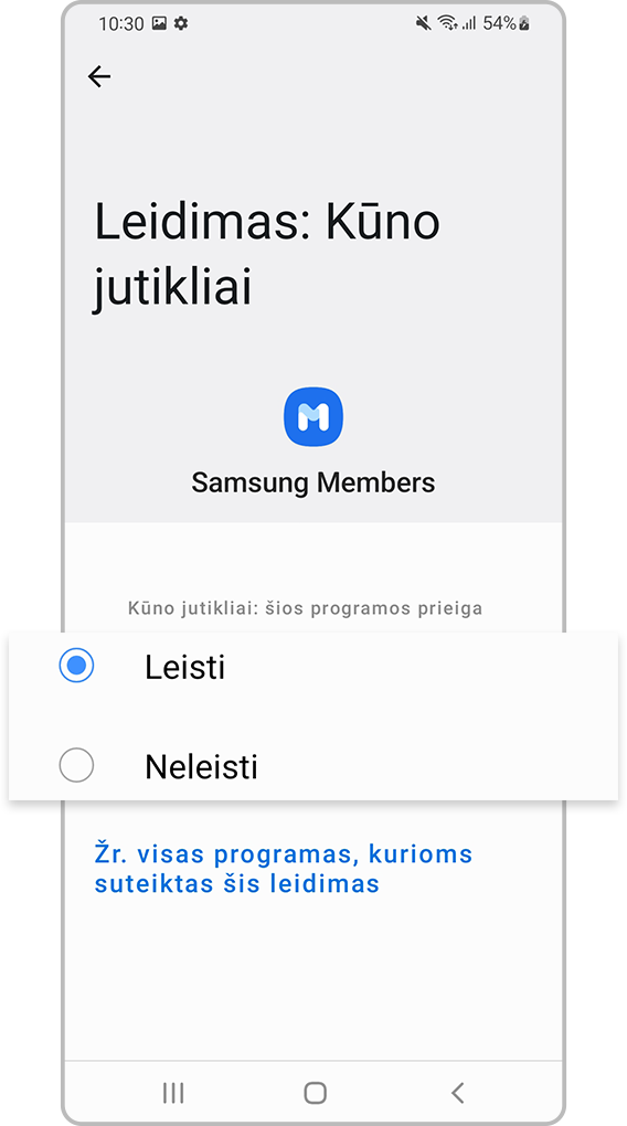 Programos leidimų nustatymuose pasirinkite „Leisti“ arba „Neleisti“