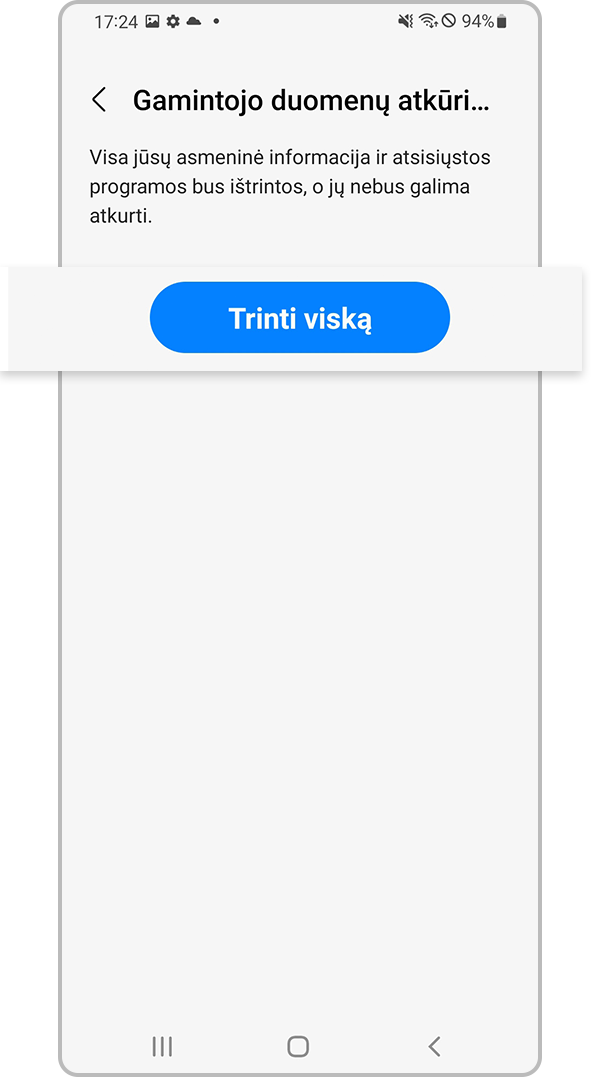 „Gamintojo duomenų atkūrimas“ – „Trinti viską“