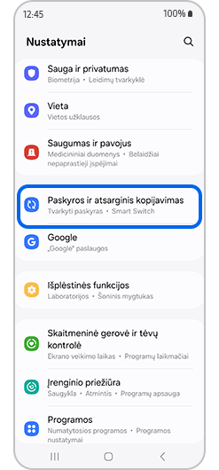 Nustatymų meniu pasirinkta „Paskyros ir atsarginis kopijavimas“