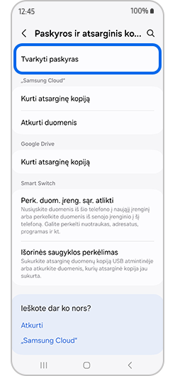 „Paskyros ir atsarginis kopijavimas“ pasirinkta skiltis „Tvarkyti paskyras“
