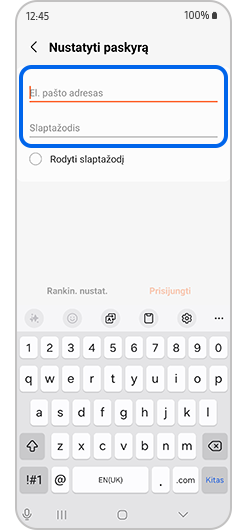 Laukeliai, skirti įvesti el. pašto paskyros adresą ir slaptažodį