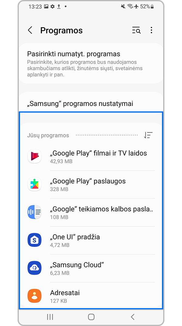 Pasirinkite programą, kurios talpyklą norite išvalyti
