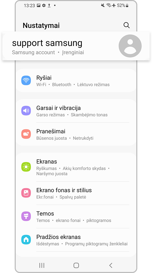 Pasirinkite „Samsung account“