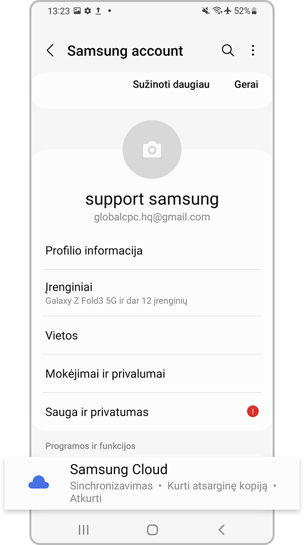 Pasirinkite „Samsung Cloud“