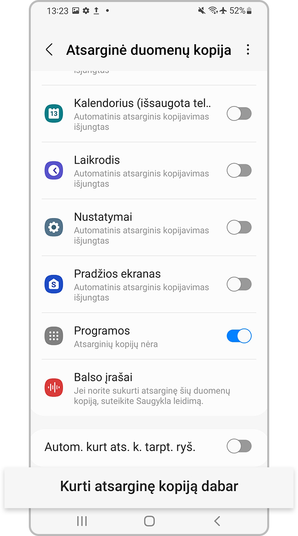 Pasirinkite „Kurti atsarginę kopiją dabar“