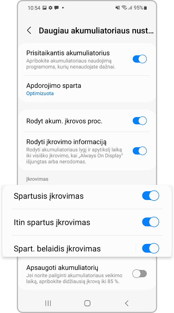 Įjunkite sparčiojo įkrovimo nustatymus