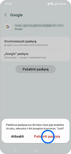 Ekrano, kuriame galite pašalinti savo „Google“ paskyrą, rodinys.