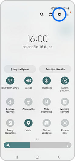 Greitųjų nustatymų skydelio rodinys.