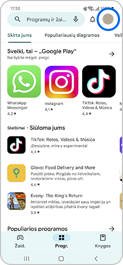 Atverkite „Google Play“ parduotuvės programėlę ir palieskite Profilio piktogramą viršutiniame dešiniajame kampe.