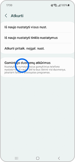 Atkūrimo meniu su paryškinta Gamintojo duomenų atkūrimo parinktimi rodinys.