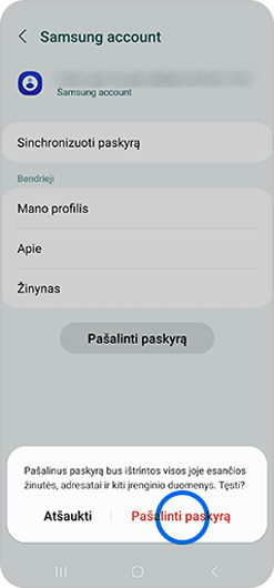 Ekrano, kuriame galite pašalinti savo „Samsung“ paskyrą, rodinys.