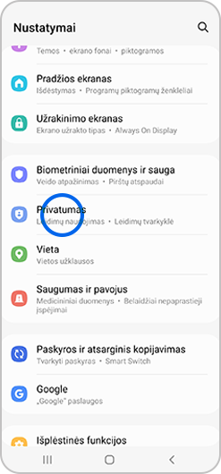 Nustatymų meniu pasirinktas Privatumas