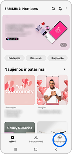 „Samsung Members“ programėlėje pasirinktas Palaikymas