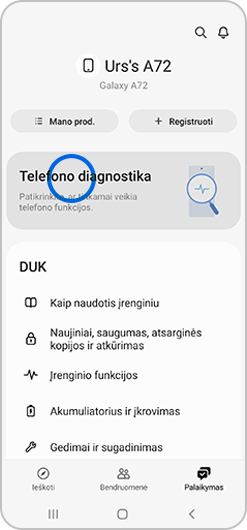 „Samsung Members“ programėlėje pasirinkta Rodyti testus