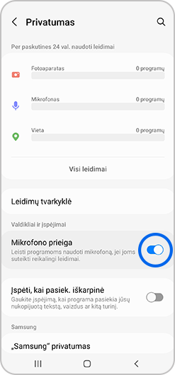 Pasirinktas mygtukas, esantis šalia Mikrofono leidimai Privatumo nustatymuose