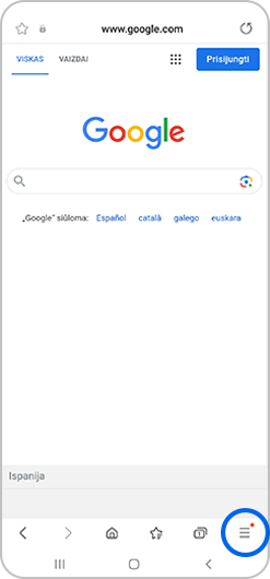 „Samsung“ interneto naršyklėje pasirinkta meniu ikonėlė