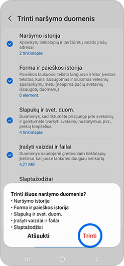Iššokantysis langas, kuriame pasirinktas naršymo duomenų ištrynimo mygtukas.