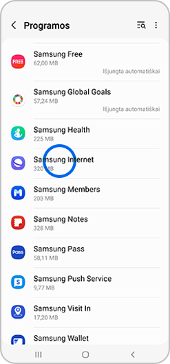„Samsung“ internetas pasirinktas programėlių nustatymų meniu