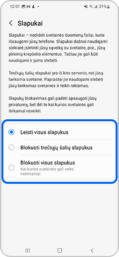 Paryškintos parinktys leisti visus slapukus, užblokuoti trečiųjų šalių slapukus arba užblokuoti visus slapukus.