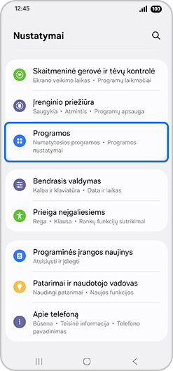 Programėlės pasirinktos Nustatymų meniu