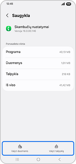 „Galaxy“ išmaniajame telefone, skambučio nustatymų programėlėje pasirinkta Išvalyti talpyklą ir išvalyti duomenis