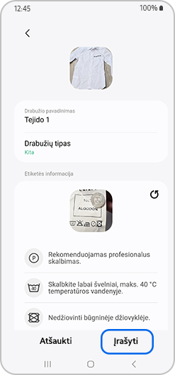 Nurodykite drabužio pavadinimą ir drabužio tipą, tada palieskite „Įrašyti“