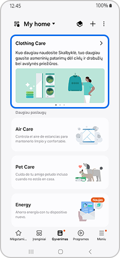 Kortelė „Skalbinių priežiūra“, esanti „SmartThings“ dalyje „Gyvenimas“
