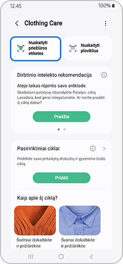 Palieskite „Nuskaityti priežiūros etiketes“