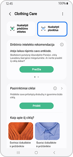Skalbiklių nuskaitymas dalyje „Skalbinių priežiūra“