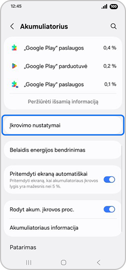 Daugiau baterijos nustatymų pasirinkta Baterijos meniu