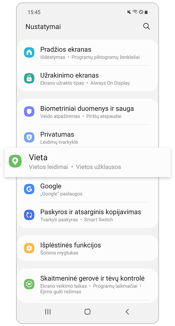 Pasirinkite vietą nustatymuose