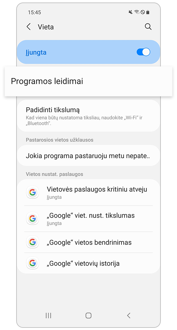 Pažymėkite vietą, įjunkite programos leidimus