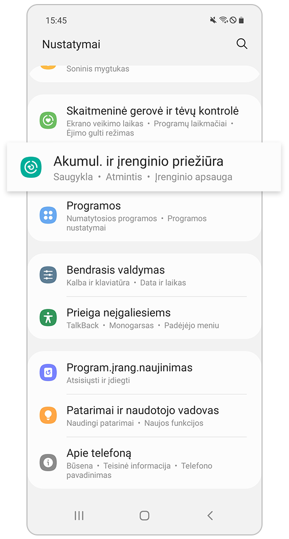 Akumuliatoriaus ir įrenginio priežiūra
