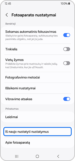 kameros fokusavimas. Programėlės atkūrimas