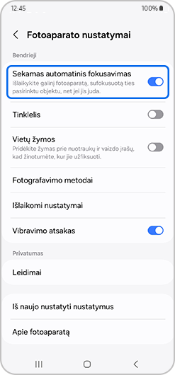 kameros fokusavimo programėlės nustatymas