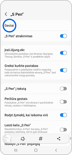 „S Pen“ meniu pasirinkti gestai