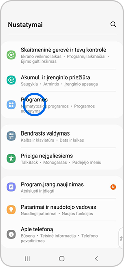 Nustatymų meniu pasirinktos Programėlės