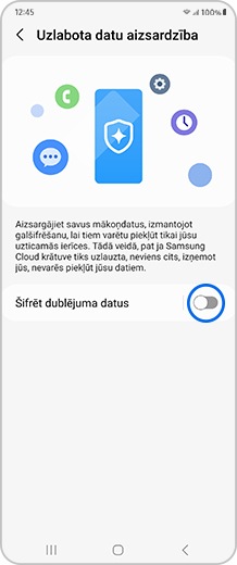 Viedtālruņa ekrāns ar “Šifrēt dublējuma datus” pārslēgšanas pogu