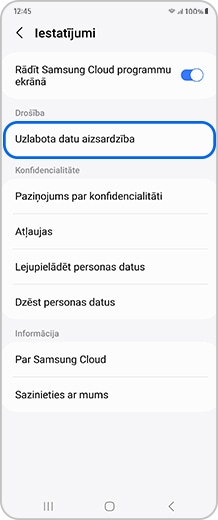 Viedtālruņa ekrāns ar pieejamām “Iestatījumi” iespējām.