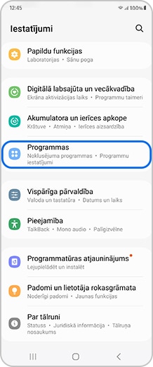 Viedtālruņa ekrāns ar atlasītu ikonu “Programmu iespējas”