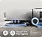 Jet Bot Combo robotizētais putekļsūcējs sūc putekļus un mazgā grīdu, kā norādīts ar līnijām un bultiņām. Redzamas ikonas, kas apzīmē putekļu sūkšanas un grīdas mazgāšanas vienlaicīgo procesu. Tālāk abas funkcijas tiek demonstrētas atsevišķi, kur putekļu sūkšana tiek veikta 1. posmā, bet grīdas mazgāšana — 2. posmā. Komponents, kurš darbojas, ir apzīmēts ar līnijām ap to.