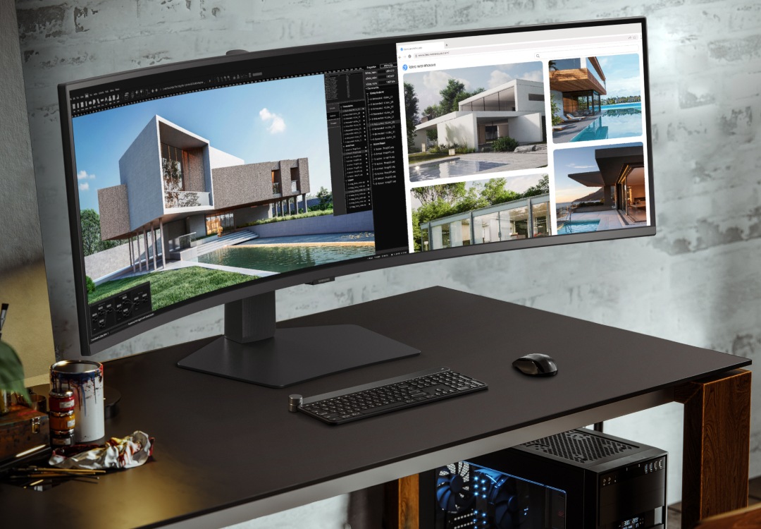 Samsungi ViewFinity monitor kuvab arhitektuurilisi kujundusi moodsas tööruumis. Monitor on asetatud elegantsele mustale lauale, ümbritsetuna klaviatuurist, hiirest ja minimalistlikust sisekujundusest loomingulises töökeskkonnas.