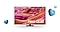 QLED TV is centered, displaying a colorful screensaver. Three blue-toned 3D heart icons of varying sizes surround the product as decorative elements.