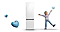Bespoke Refrigerator is centered, with two blue-toned 3D heart icons of different sizes floating to its left. To the right, a young male character strikes an energetic pose with arms and legs spread wide, while a small blue 3D heart icon floats above him.