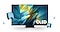 QLED TV is centered, displaying a colorful screensaver. Three blue-toned 3D heart icons of varying sizes surround the product as decorative elements.