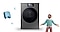 Bespoke Refrigerator is centered, with two blue-toned 3D heart icons of different sizes floating to its left. To the right, a young male character strikes an energetic pose with arms and legs spread wide, while a small blue 3D heart icon floats above him.