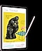 A black Galaxy Tab S6 Lite with an image of "The Thinker" statue and a chess set next to it on-screen, being drawn with a pink S Pen. There is text underneath the image with a sentence highlighted in blue and other terms annotated in red.