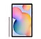 A black Galaxy Tab S6 Lite with a multi-coloured wallpaper on-screen. A pink S Pen stands to the left of it.